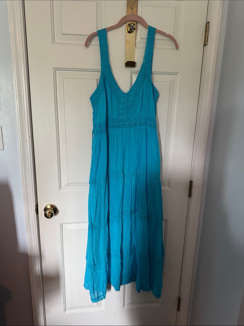 Sleeveless Turquoise Maxi Dress with Crochet Bodice